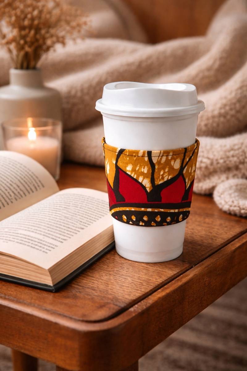 Handmade African fabric cup sleeve lifestyle shot
