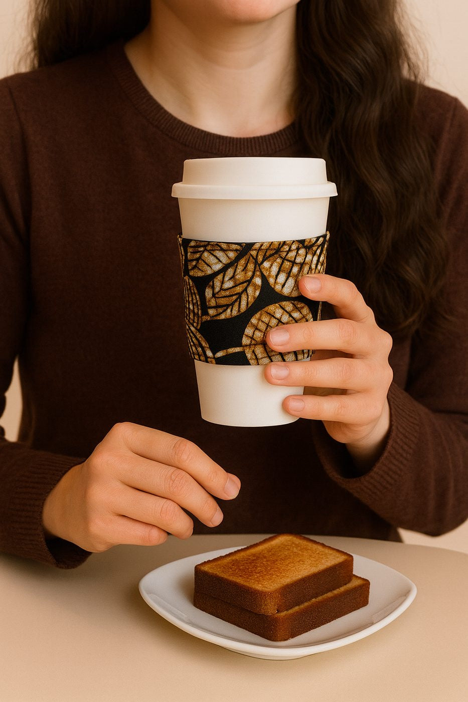 Handmade African fabric cup sleeve lifestyle shot