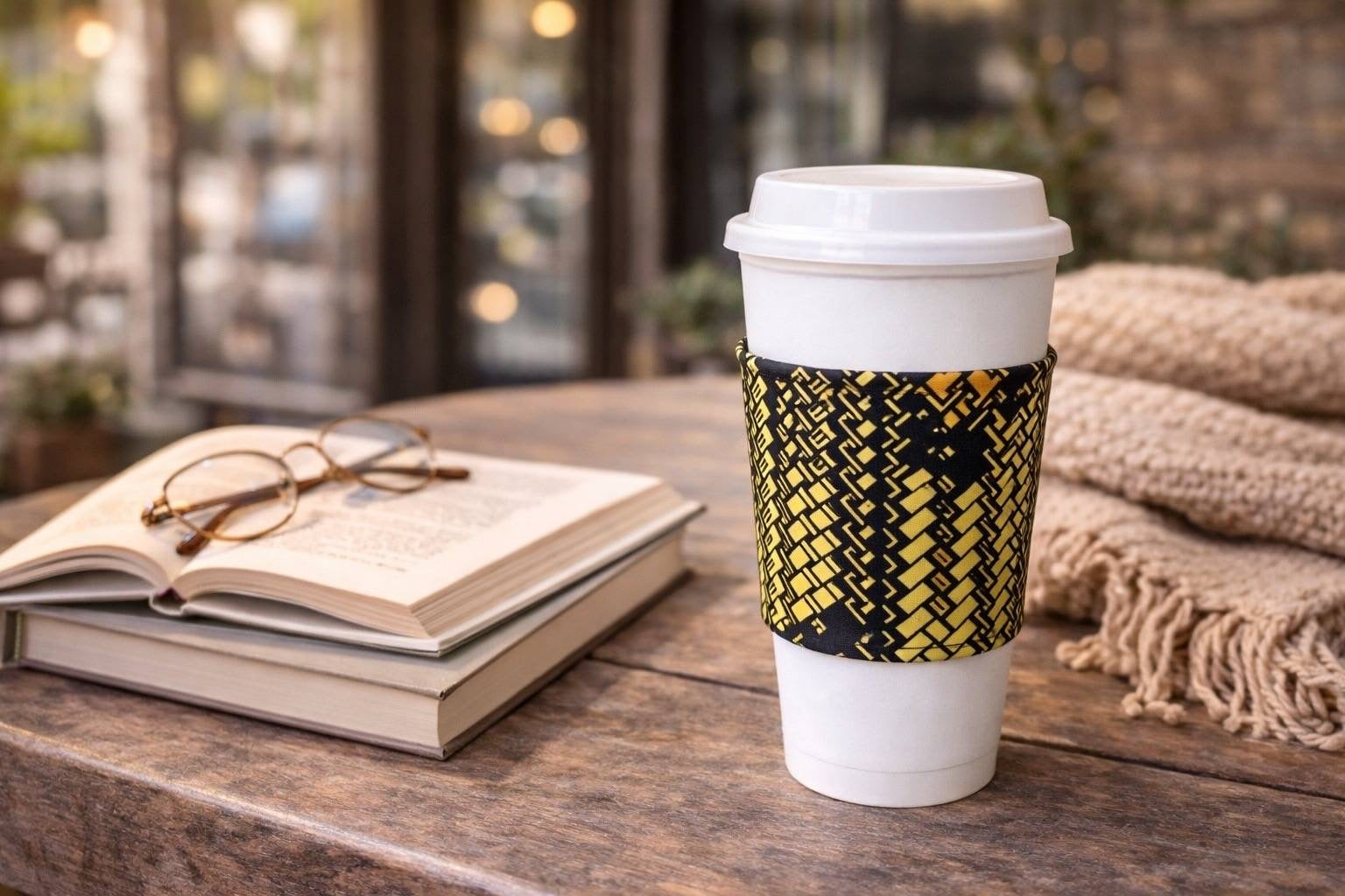 Handmade African fabric cup sleeve lifestyle shot