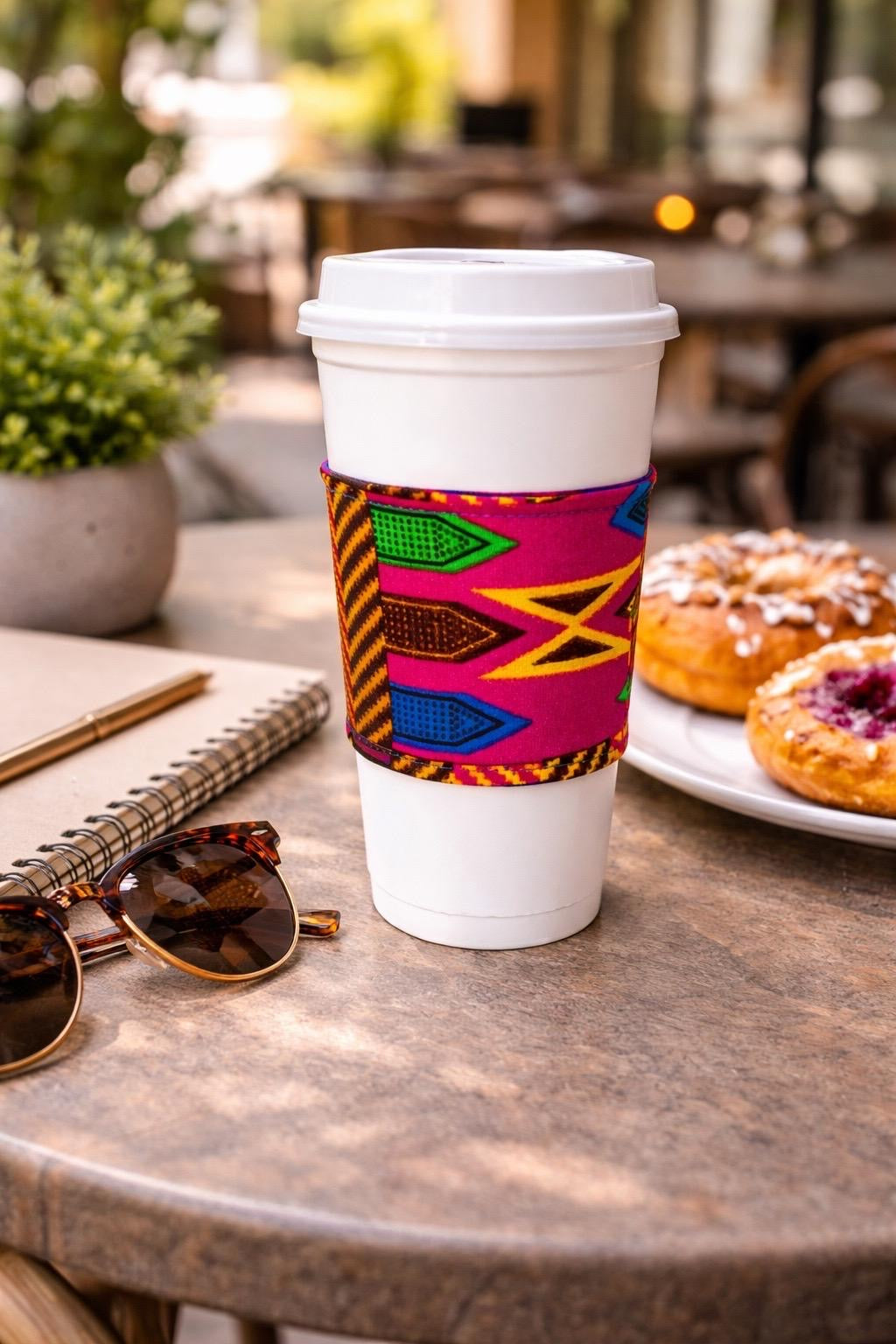 Handmade African fabric cup sleeve lifestyle shot