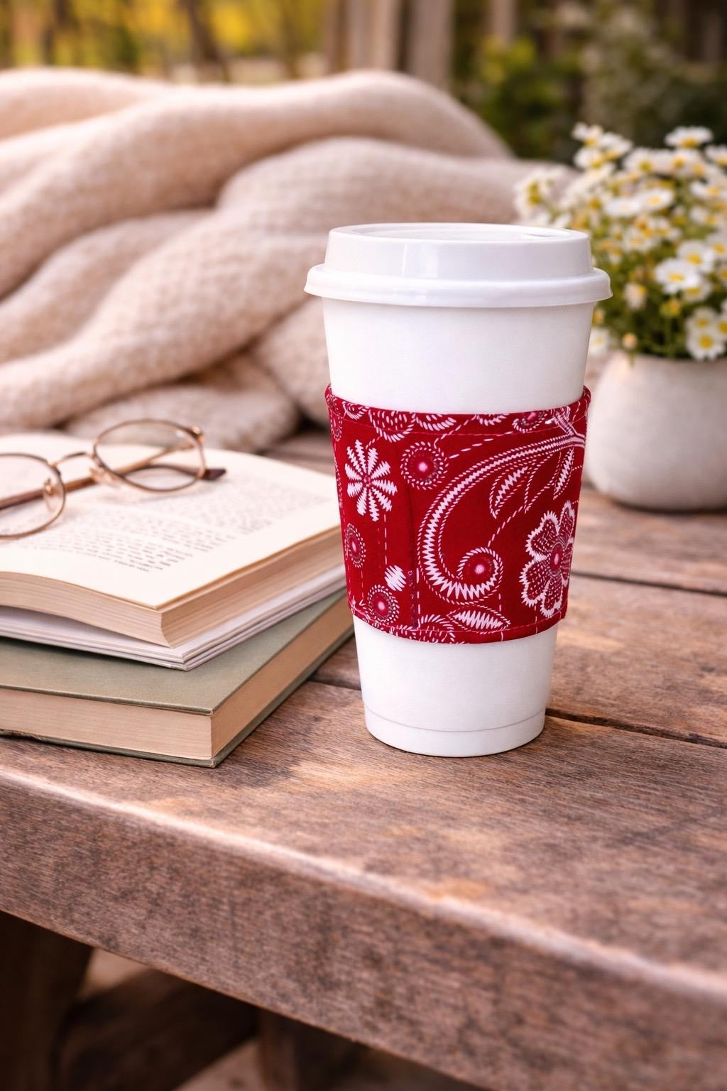 Handmade African fabric cup sleeve lifestyle shot