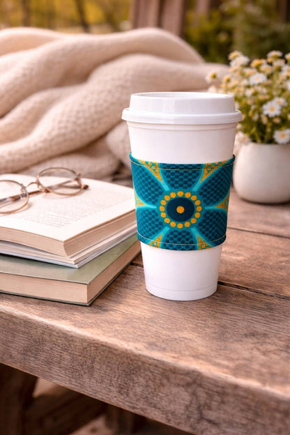 Handmade African fabric cup sleeve lifestyle shot