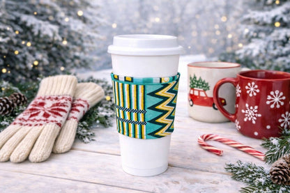 Handmade African fabric cup sleeve lifestyle shot