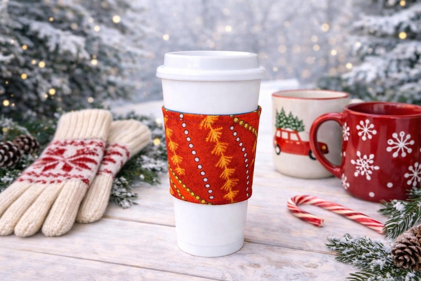 Handmade African fabric cup sleeve lifestyle shot