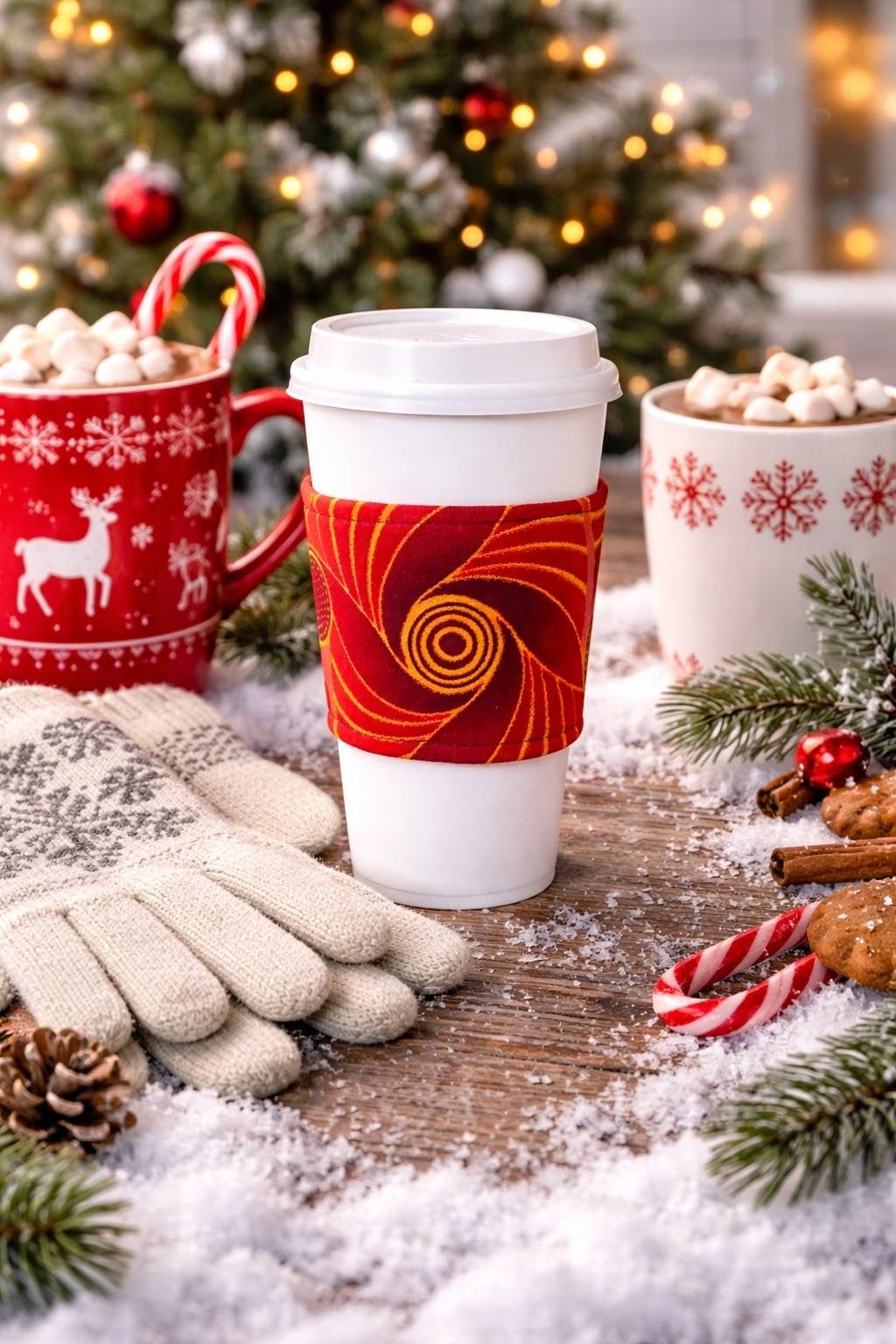 Handmade African fabric cup sleeve lifestyle shot