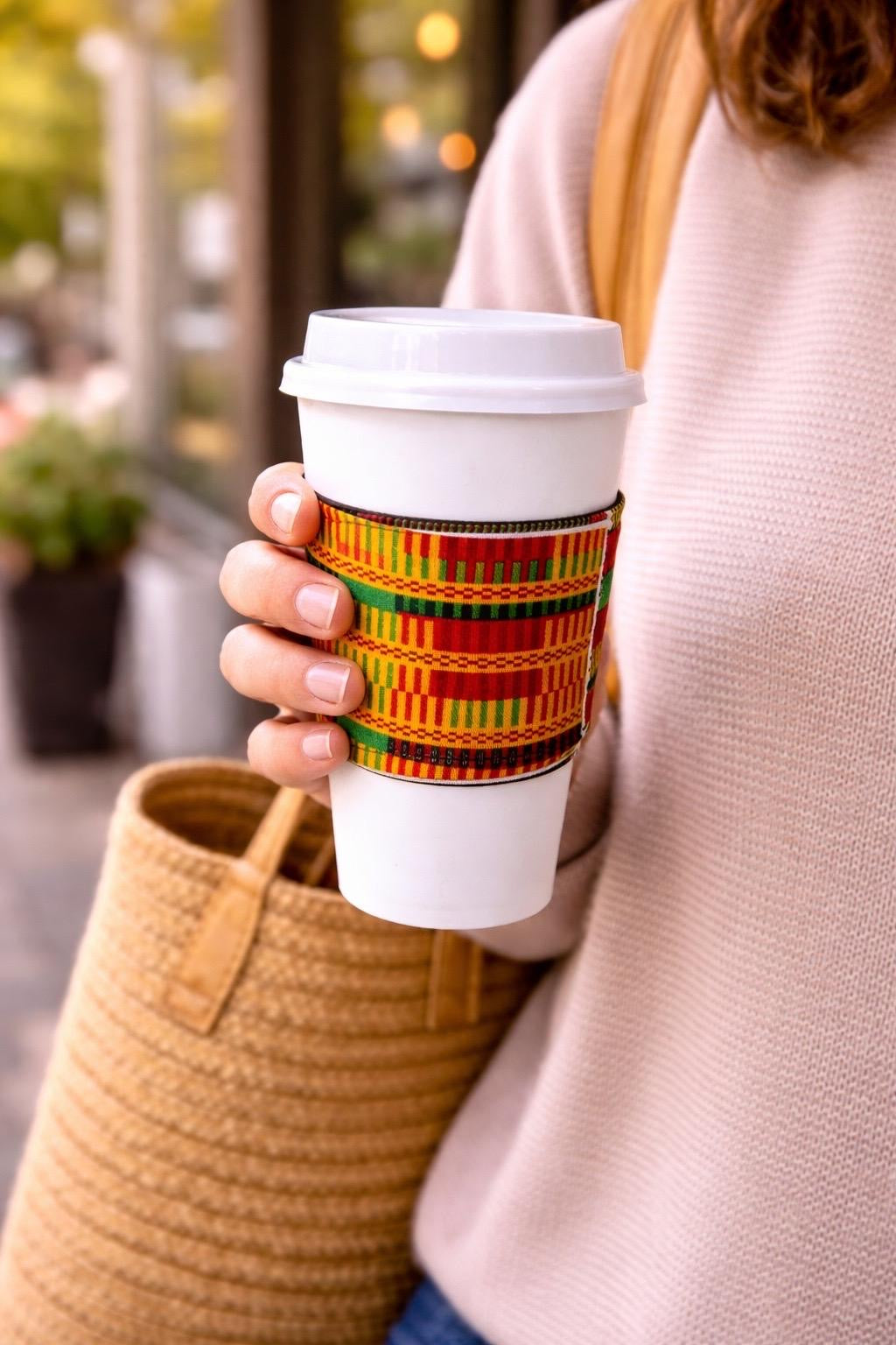 Handmade African fabric cup sleeve lifestyle shot