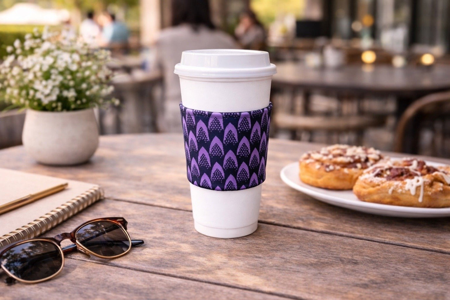 Handmade African fabric cup sleeve lifestyle shot