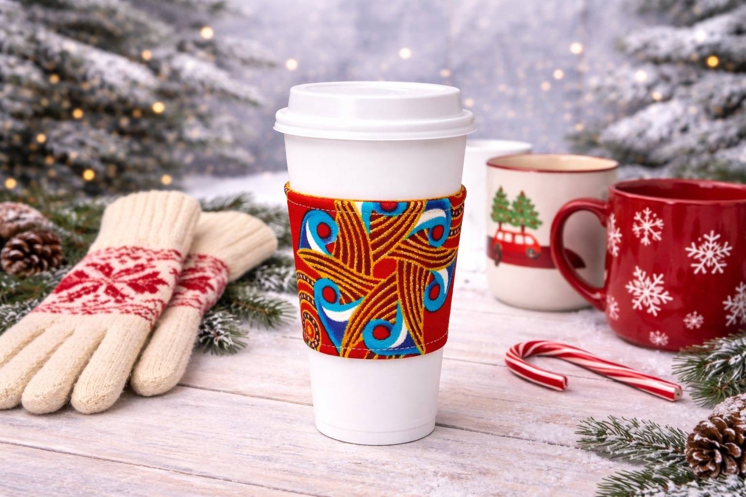 Handmade African fabric cup sleeve lifestyle shot