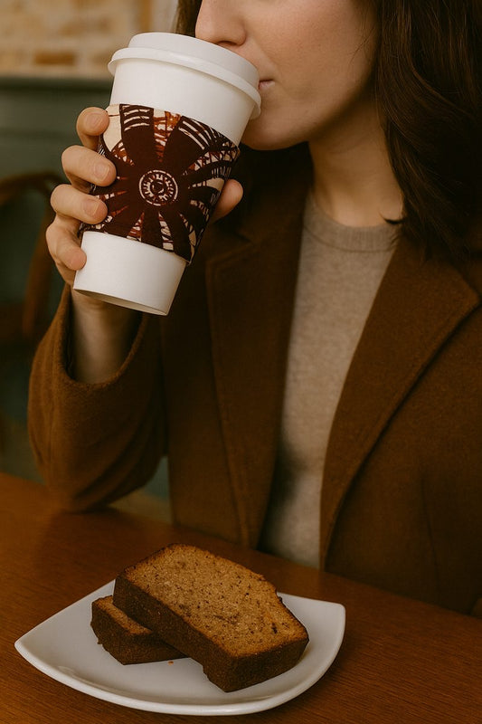 Handmade African fabric cup sleeve lifestyle shot