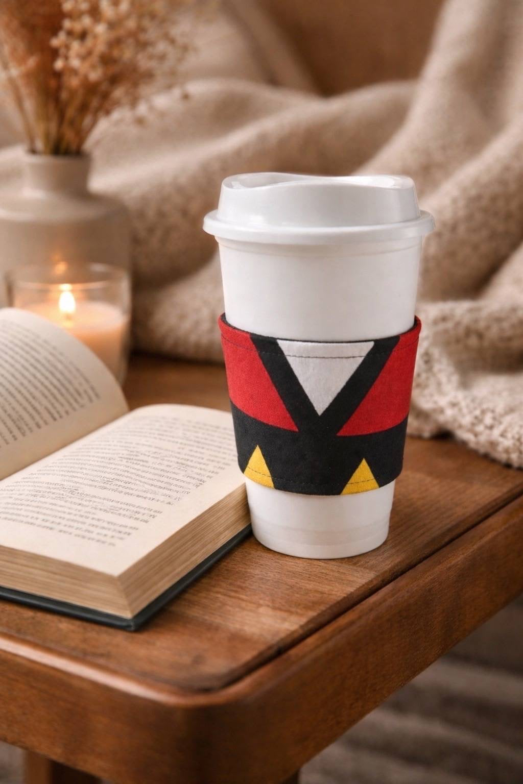 Handmade African fabric cup sleeve lifestyle shot