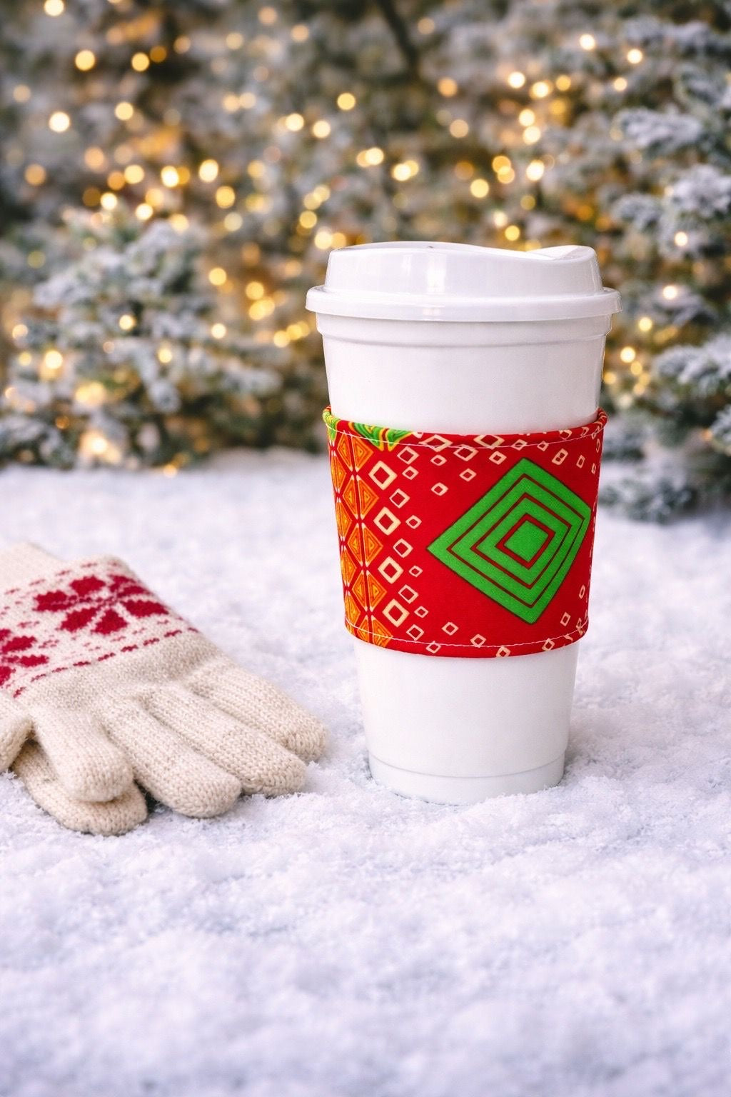 Handmade African fabric cup sleeve lifestyle shot