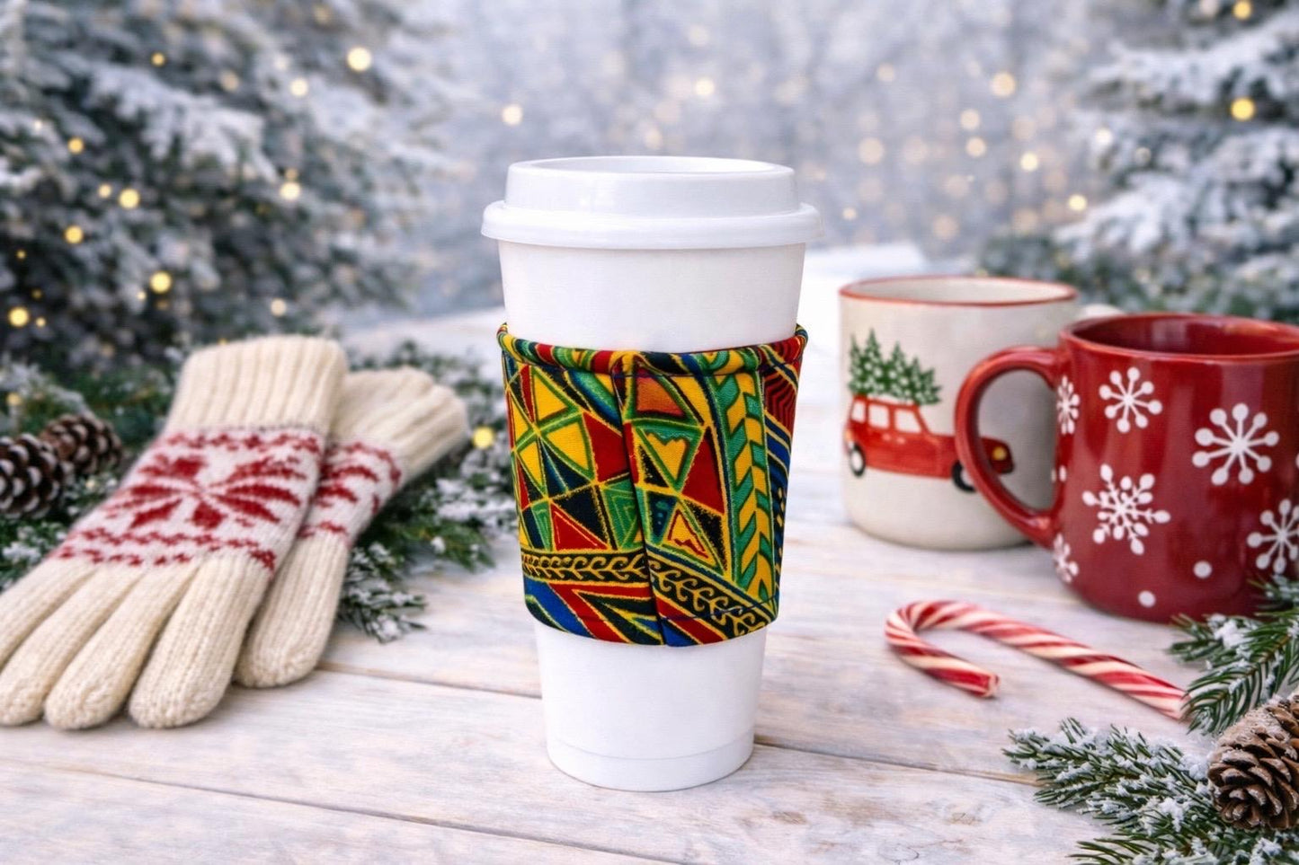 Handmade African fabric cup sleeve lifestyle shot