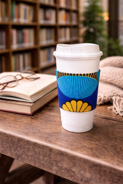 Handmade African fabric cup sleeve lifestyle shot