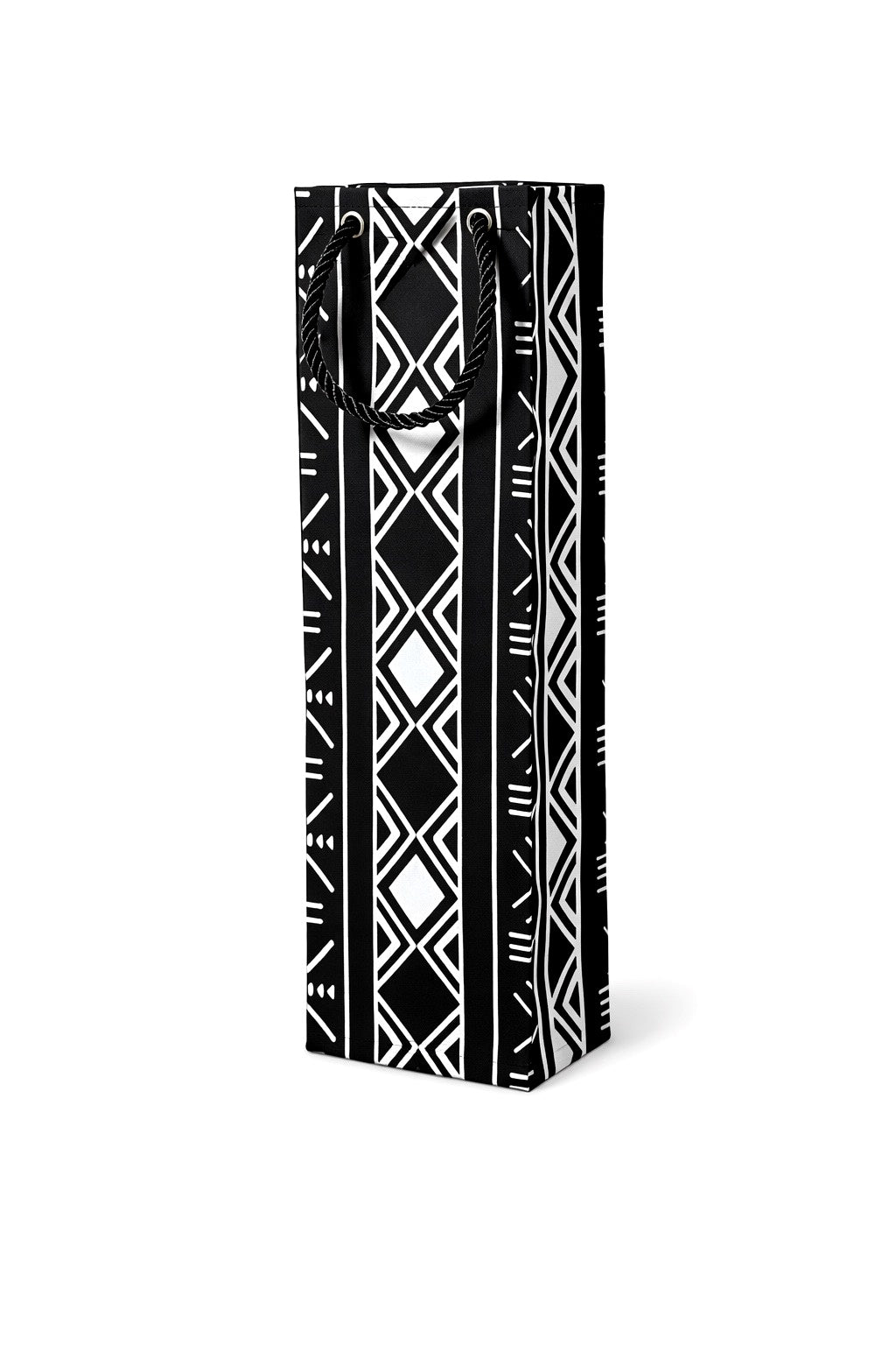 African wax print wine bag in Black and white patterned gift bag on a white background