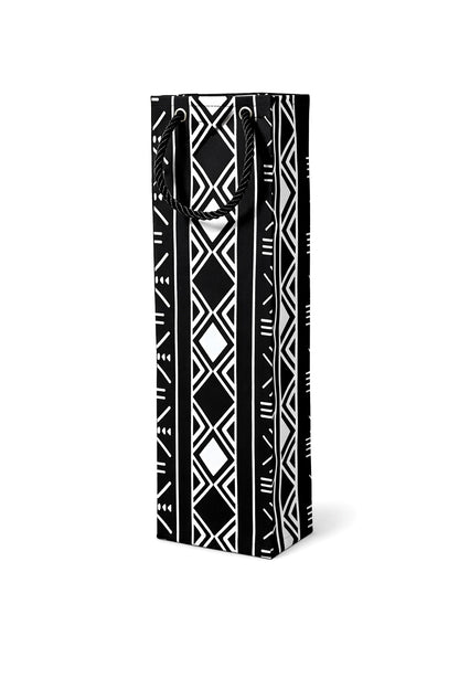 African wax print wine bag in Black and white patterned gift bag on a white background