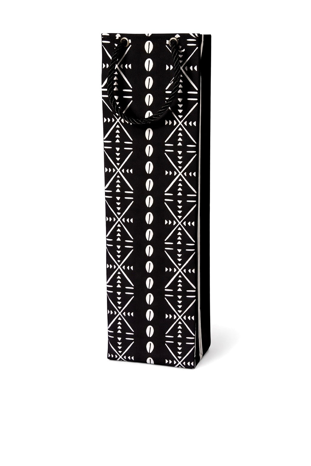 Black and white patterned bottle wine gift bag on a white background