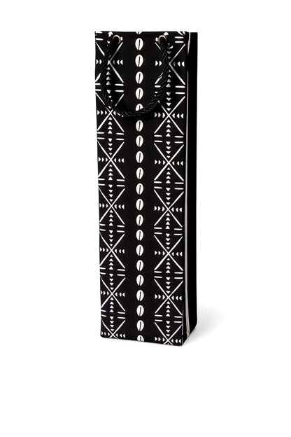 Black and white patterned bottle wine gift bag on a white background