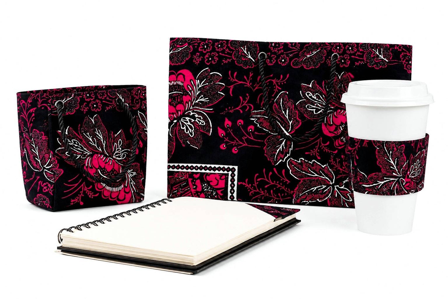 black, fuchsia, and white medium horizontal bag, mini tote, & corner extra bookmark, and cup sleeve on a white background