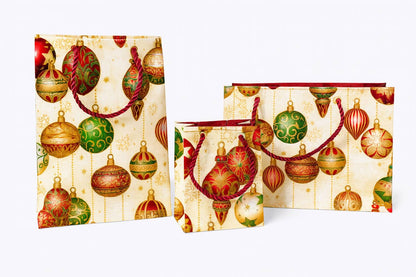 Cream, red, green, & gold small square bag, small horizontal bag, and mini gift bag on a white background.