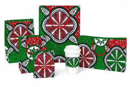 Set of green, white  and red gift bags with geometric patterns on a white background