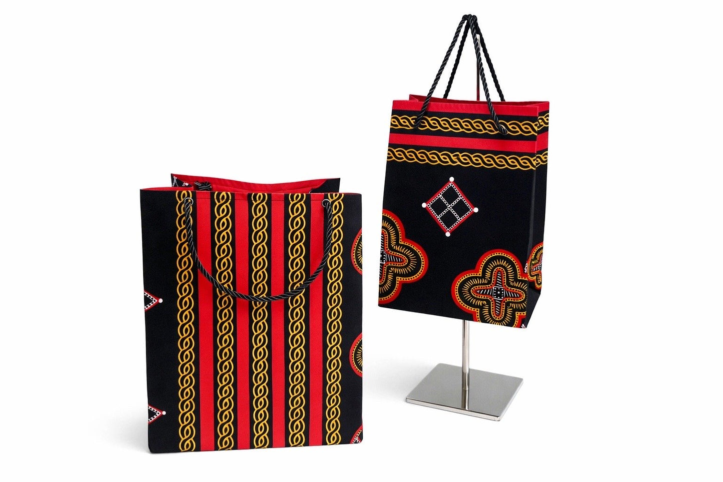 Black, red, white, & gold small and medium square gift bag on a white background