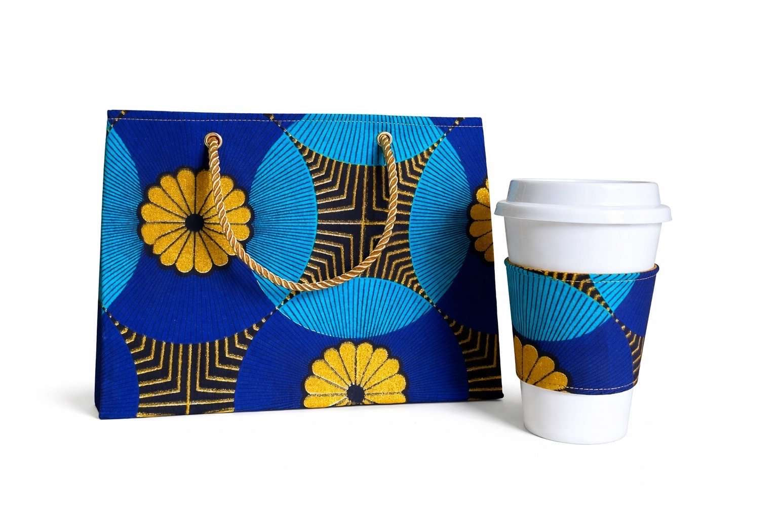 Turquoise, royal blue, gold & black small horizontal bag & cup sleeve on a white background