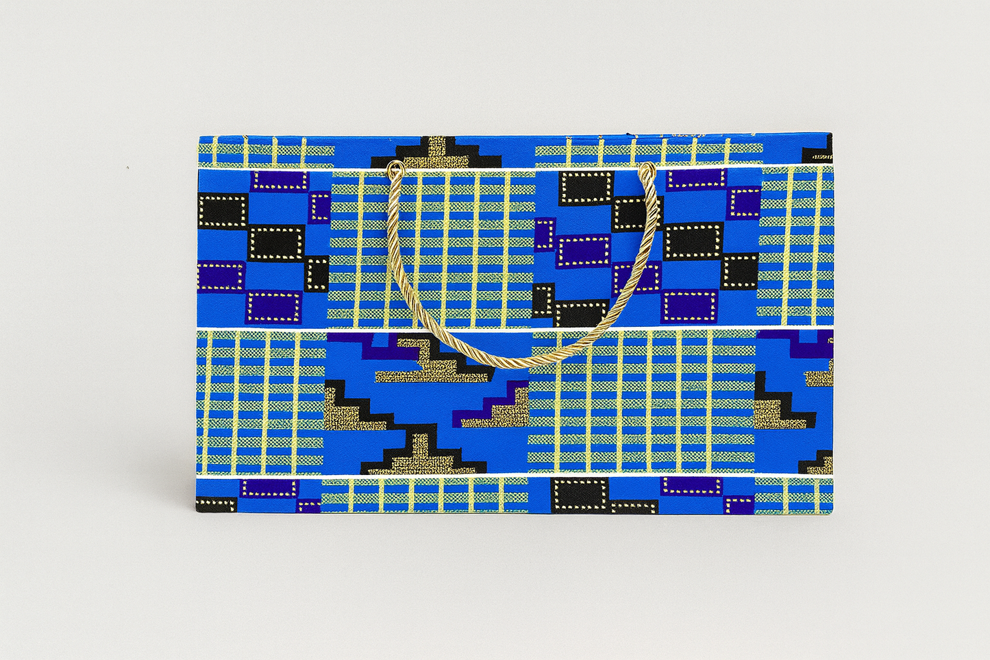 Ethnic, Fabric, Patterned, Handmade Dark Blue, Light Blue, Black, White and Gold Medium Horizontal Bag