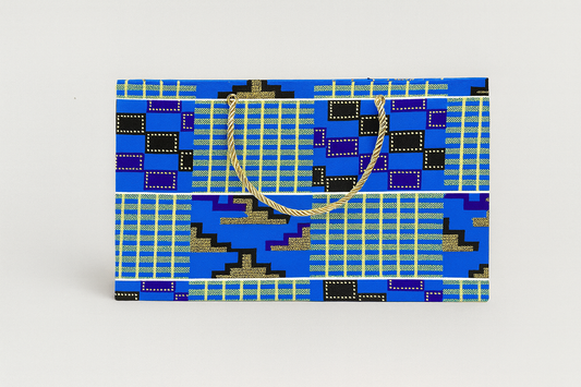 Ethnic, Fabric, Patterned, Handmade Dark Blue, Light Blue, Black, White and Gold Medium Horizontal Bag