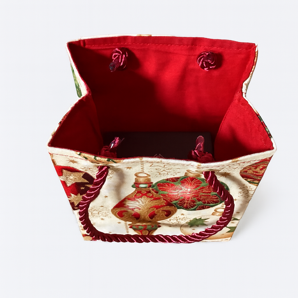 Ethnic, Fabric, Patterned, Handmade Cream, Maroon, Green, Red, and Gold Small Bag