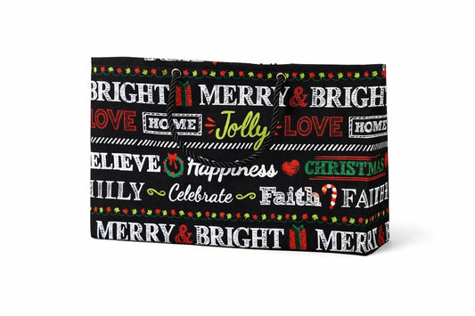 Decorative gift bag with Christmas-themed text on a white background