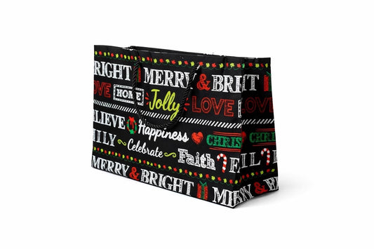 Medium horizontal gift bag with Christmas-themed text and designs on a white background