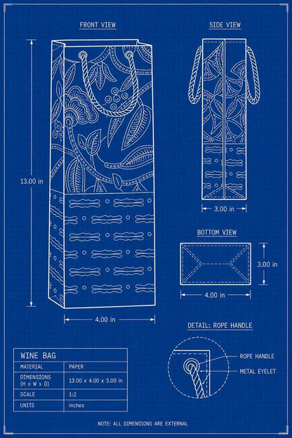 Blueprint-style diagram of a wine bag with measurements and details on a blue background