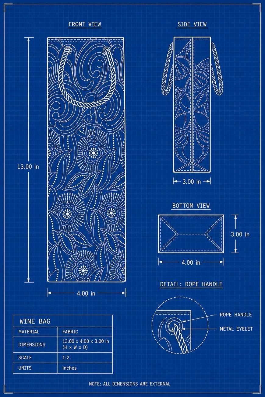 Blueprint-style diagram of a wine bag with measurements and details on a blue background
