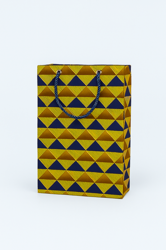 African Wax Print Medium Gift Bag - Gold, Blue & Brown Reusable | Gezia Accents