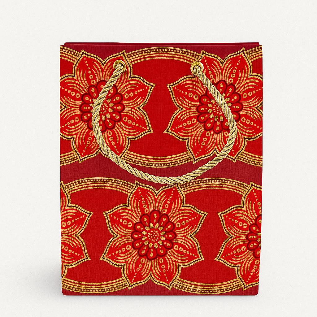 Ethnic, Fabric, Patterned, Handmade Maroon, Red, and Gold Extra Small Bag