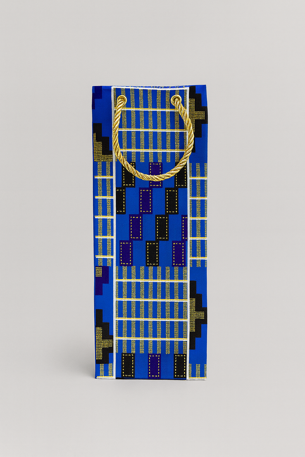 Ethnic, Fabric, Patterned, Handmade Blue, Black, White, and Gold Wine Gift Bag