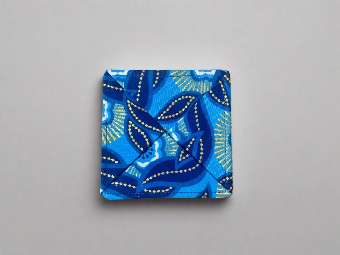Ethnic, Fabric, Patterned, Handmade Dark Blue, Light Blue, Blue, White and Gold Coasters - Gezia Accents