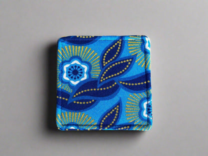 Ethnic, Fabric, Patterned, Handmade Dark Blue, Light Blue, Blue, White and Gold Coasters - Gezia Accents