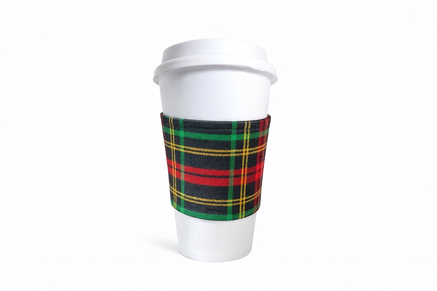 Black, red, green, & gold cotton print cup sleeve on coffee cup