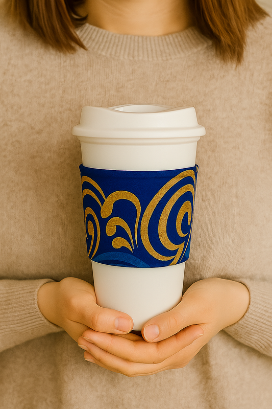 🌍 African Wax Print Cup Sleeve | Blue, Dark Blue, & Gold| Reusable Coffee Cozy | Eco-Friendly Gift ☕🌿