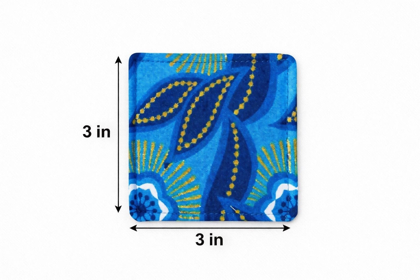 Dark blue, blue, white, & gold corner bookmark with abstract design 3x3 dimensions shown on a light gray background