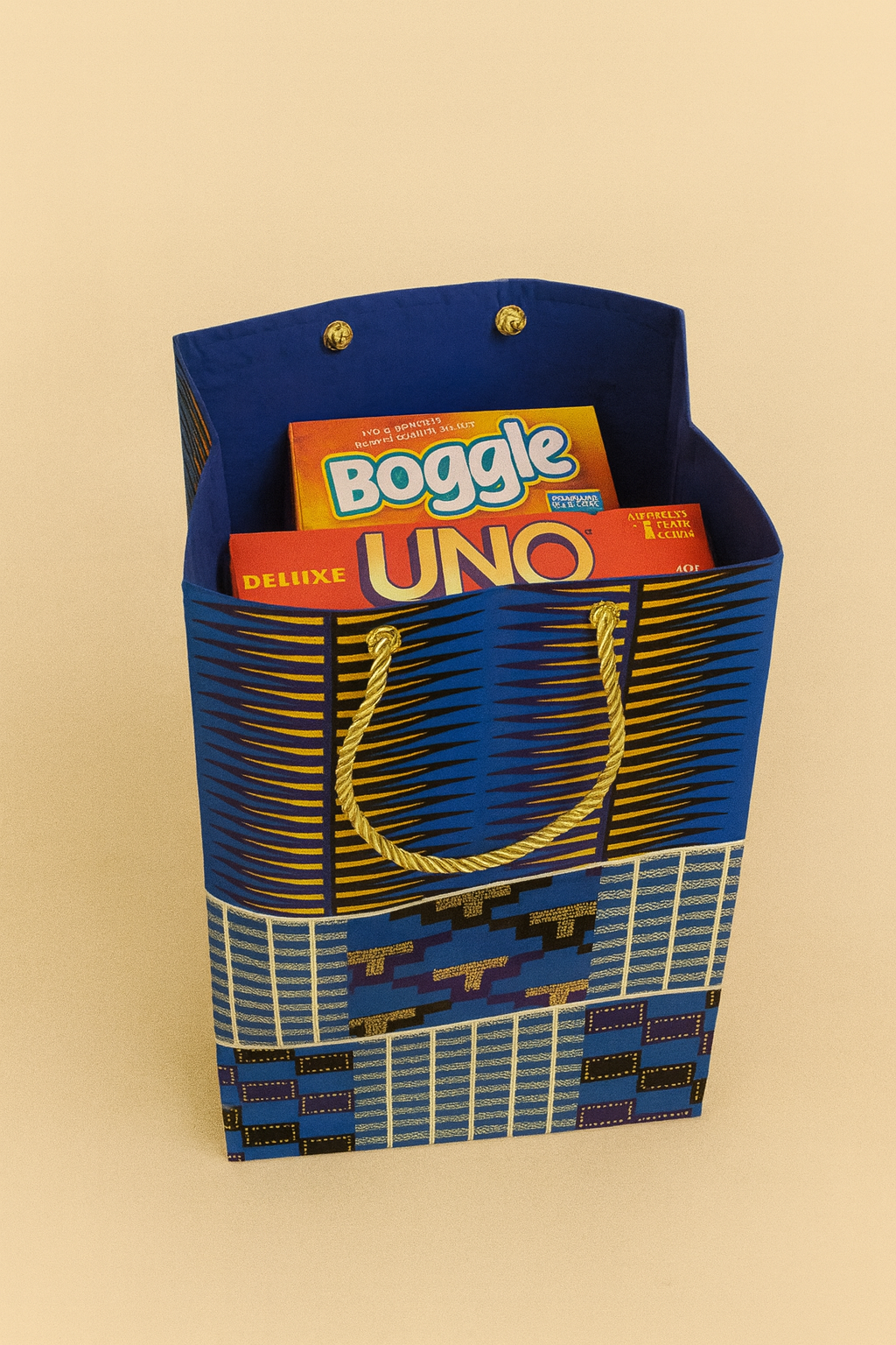 Ethnic, Fabric, Patterned, Handmade Blue, Black and Gold Medium Bag