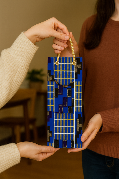 Ethnic, Fabric, Patterned, Handmade Blue, Black, White, and Gold Wine Gift Bag