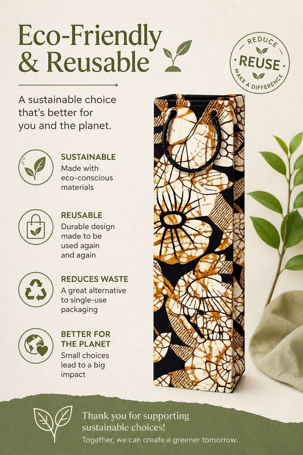 Eco-friendly and reusable product packaging with sustainability benefits highlighted.