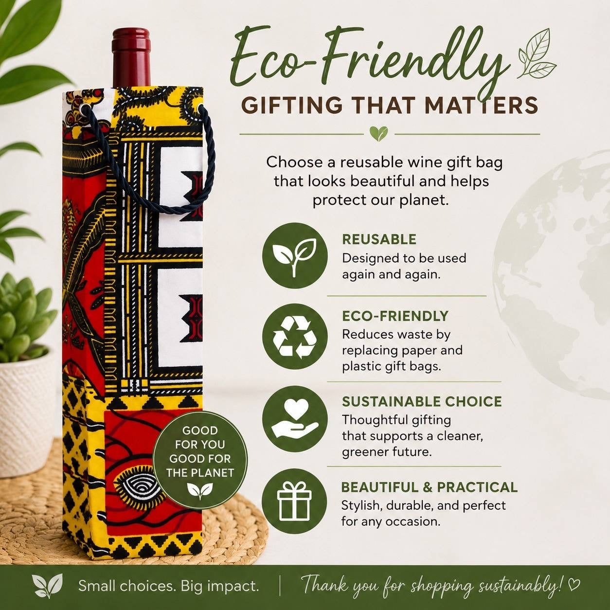 Eco-friendly wine gift bag with text highlighting its benefits on a light background.