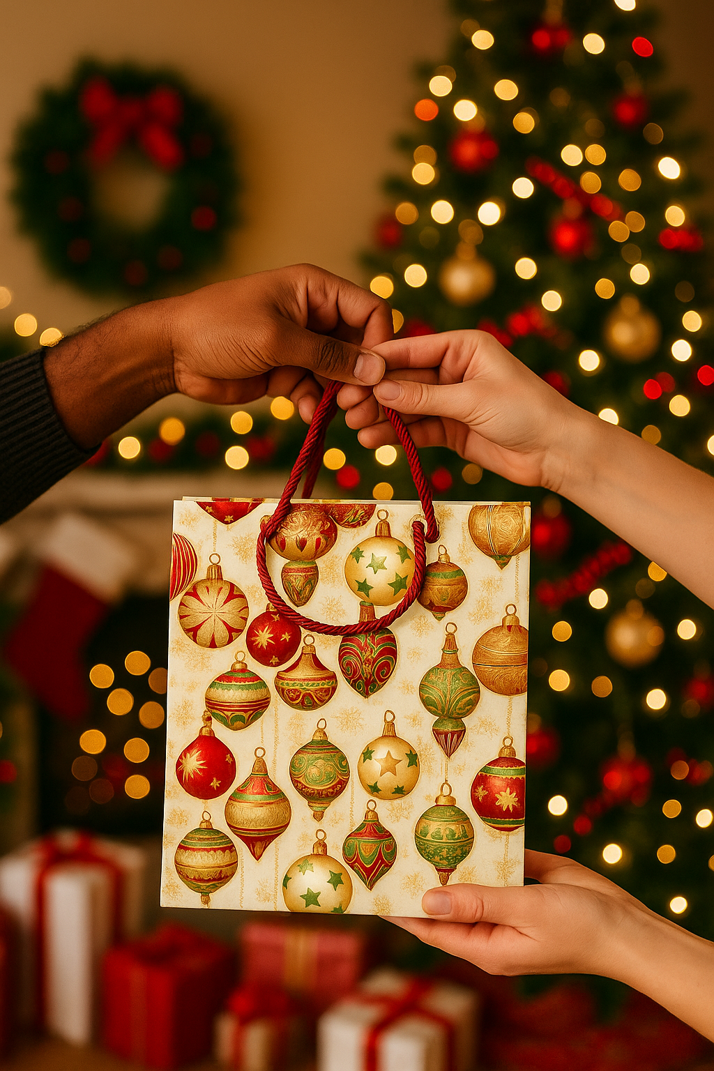 African Wax Print Extra Small Gift Bag - Cream Red Green Gold | Reusable Fabric Gift Wrap | Gezia Accents (Copy)