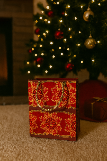 Ethnic, Fabric, Patterned, Handmade Maroon, Red, and Gold Medium Bag