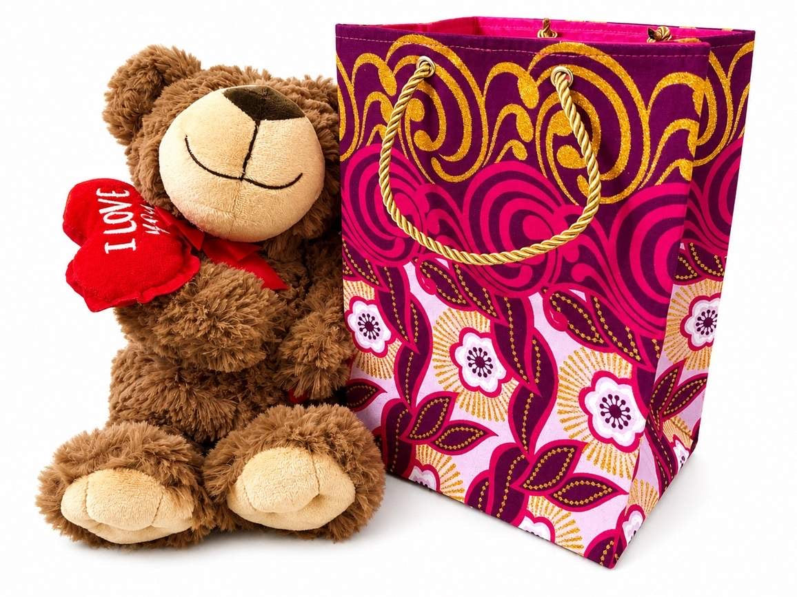 Plush teddy bear with a heart that says 'LOVE' next to a patterned pink, whit, and gold gift bag on a white background