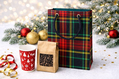 Black, red, green, & gold extra small gift bag with product ideas to gift on the side on a white background