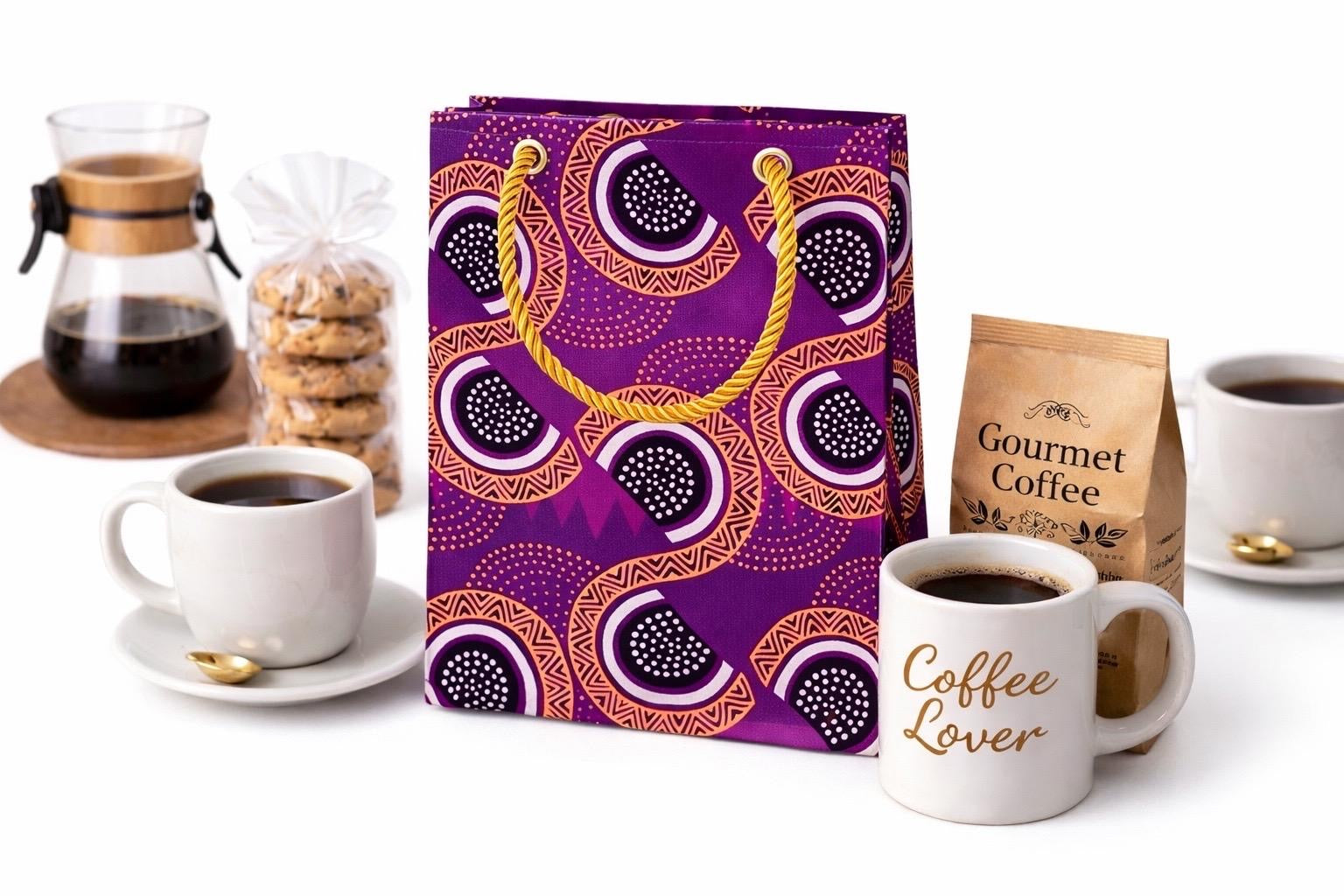 Purple, black, white, & gold extra small gift bag with product ideas to gift on the side on a white background